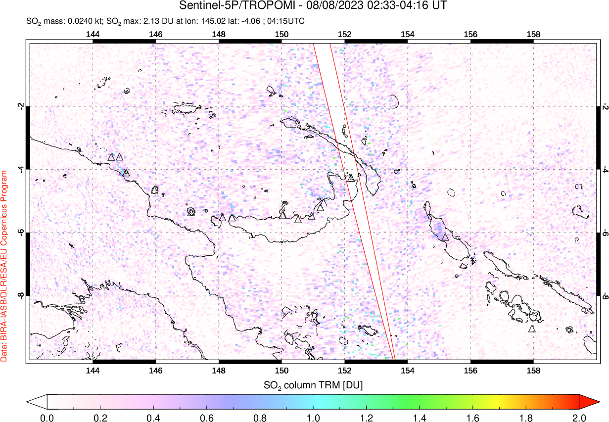 A sulfur dioxide image over Papua, New Guinea on Aug 08, 2023.