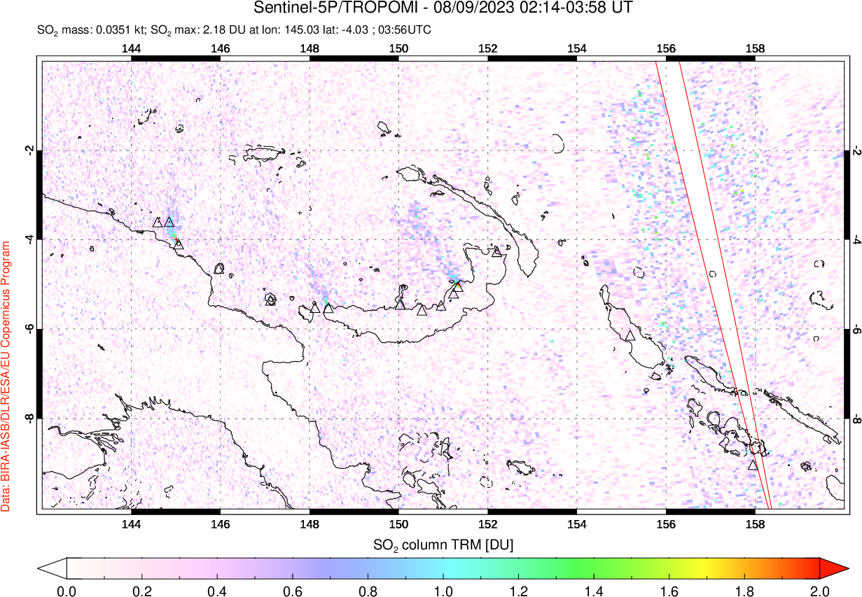 A sulfur dioxide image over Papua, New Guinea on Aug 09, 2023.