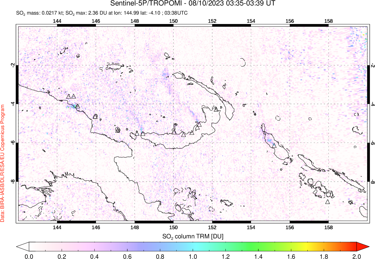 A sulfur dioxide image over Papua, New Guinea on Aug 10, 2023.