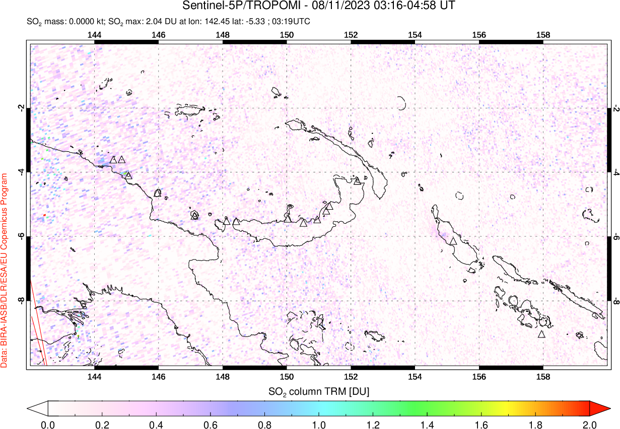 A sulfur dioxide image over Papua, New Guinea on Aug 11, 2023.