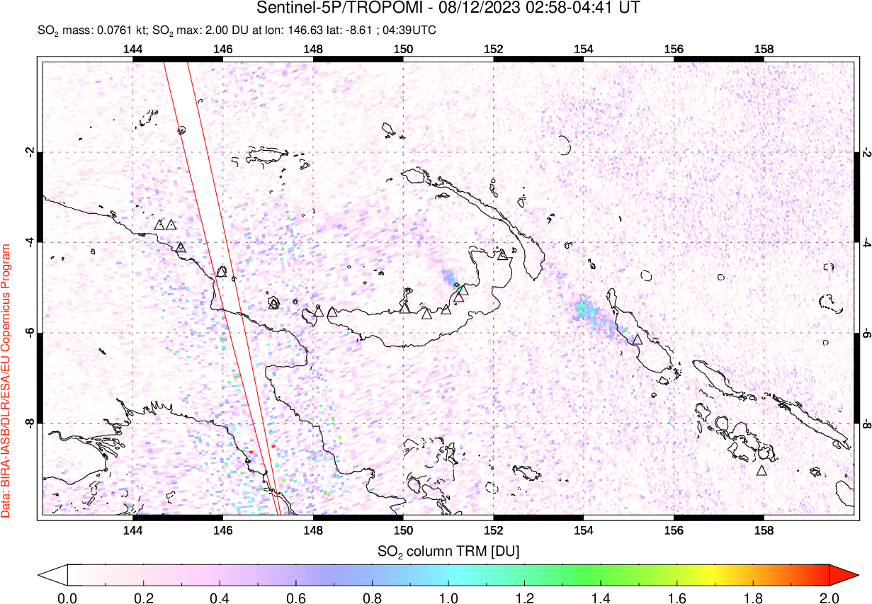 A sulfur dioxide image over Papua, New Guinea on Aug 12, 2023.