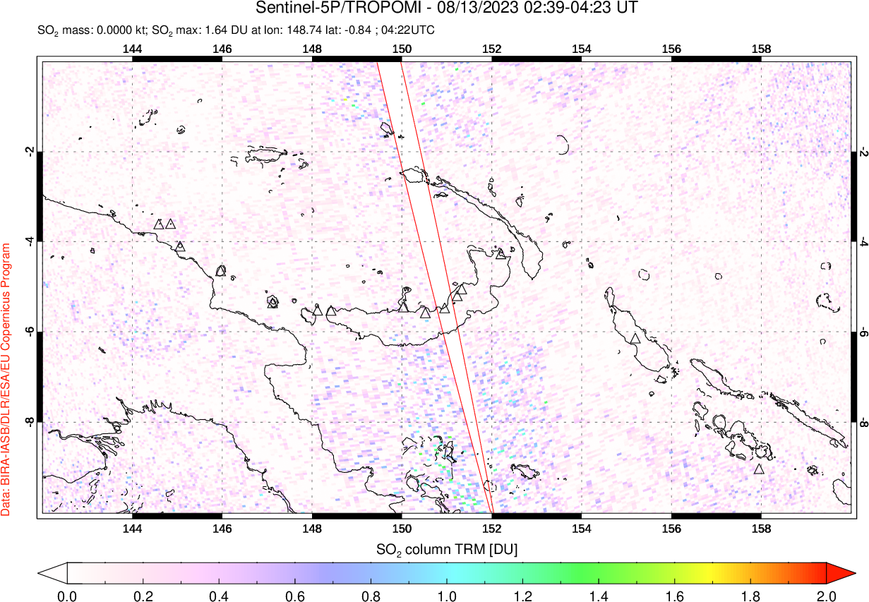 A sulfur dioxide image over Papua, New Guinea on Aug 13, 2023.