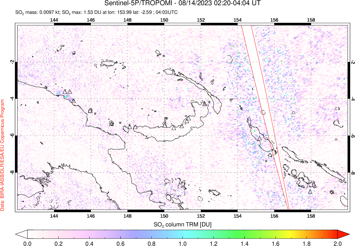 A sulfur dioxide image over Papua, New Guinea on Aug 14, 2023.