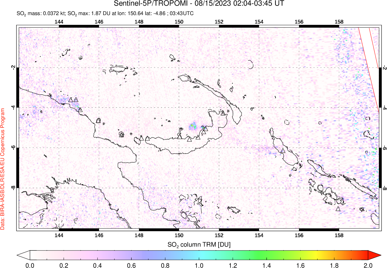 A sulfur dioxide image over Papua, New Guinea on Aug 15, 2023.