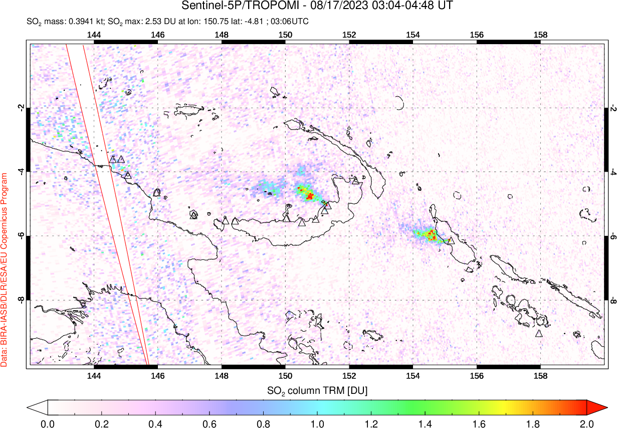 A sulfur dioxide image over Papua, New Guinea on Aug 17, 2023.