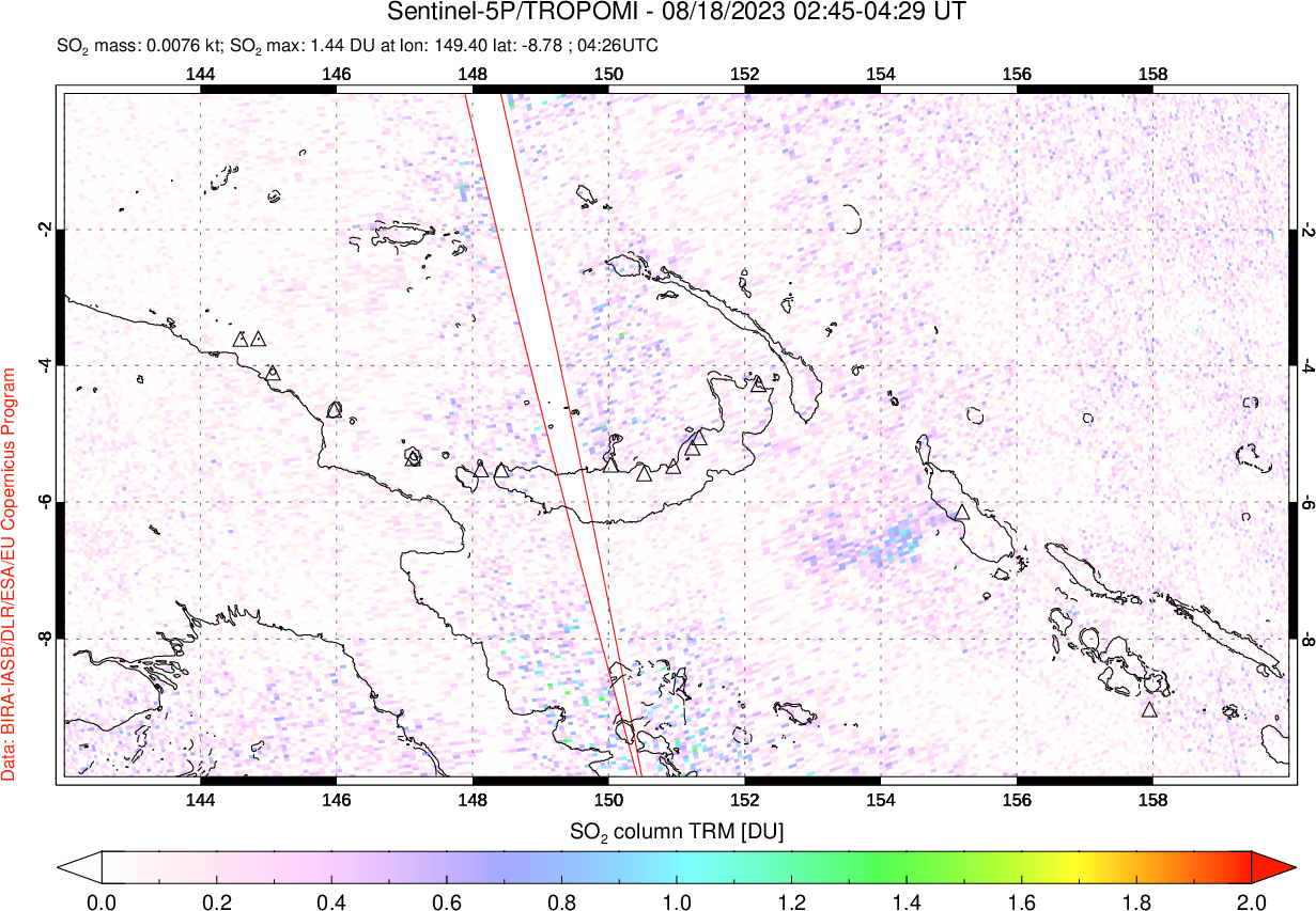 A sulfur dioxide image over Papua, New Guinea on Aug 18, 2023.