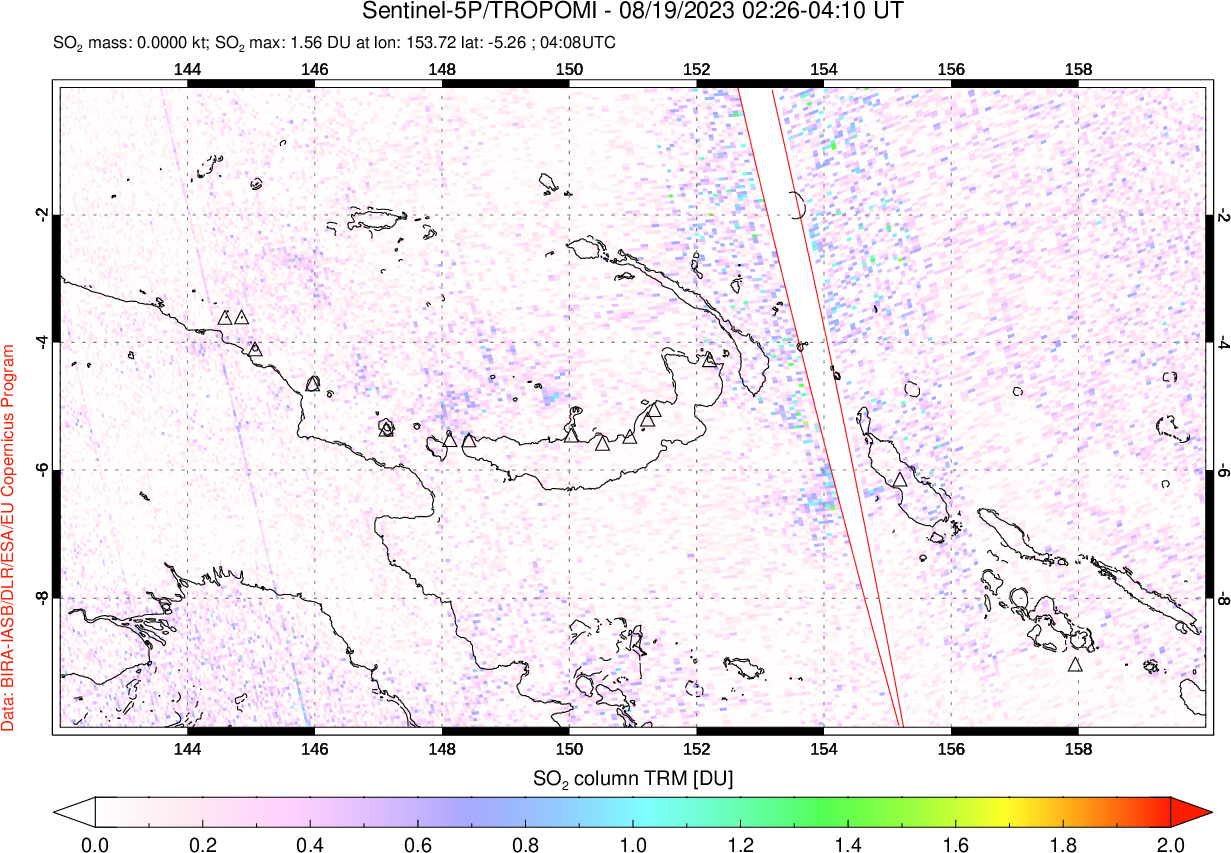 A sulfur dioxide image over Papua, New Guinea on Aug 19, 2023.