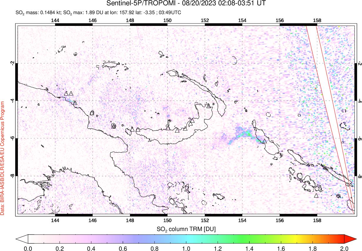 A sulfur dioxide image over Papua, New Guinea on Aug 20, 2023.