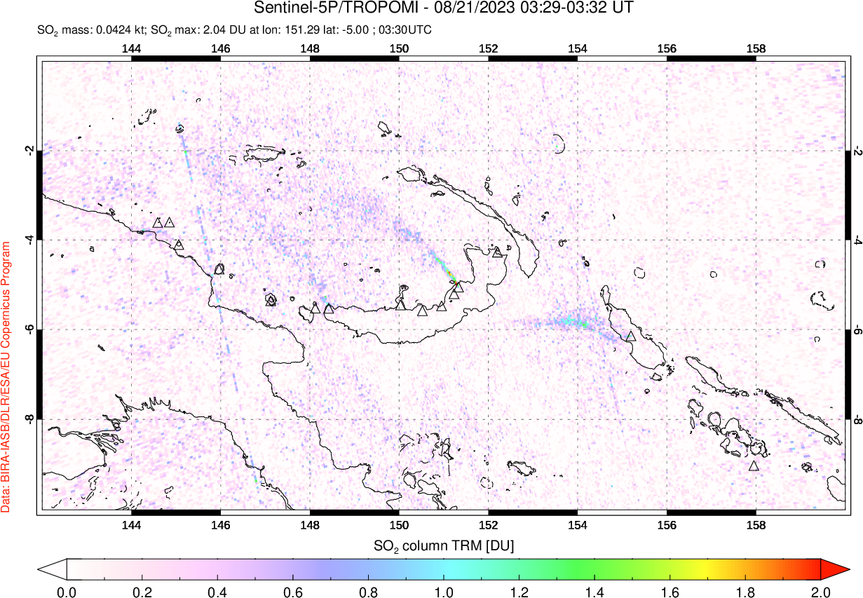 A sulfur dioxide image over Papua, New Guinea on Aug 21, 2023.