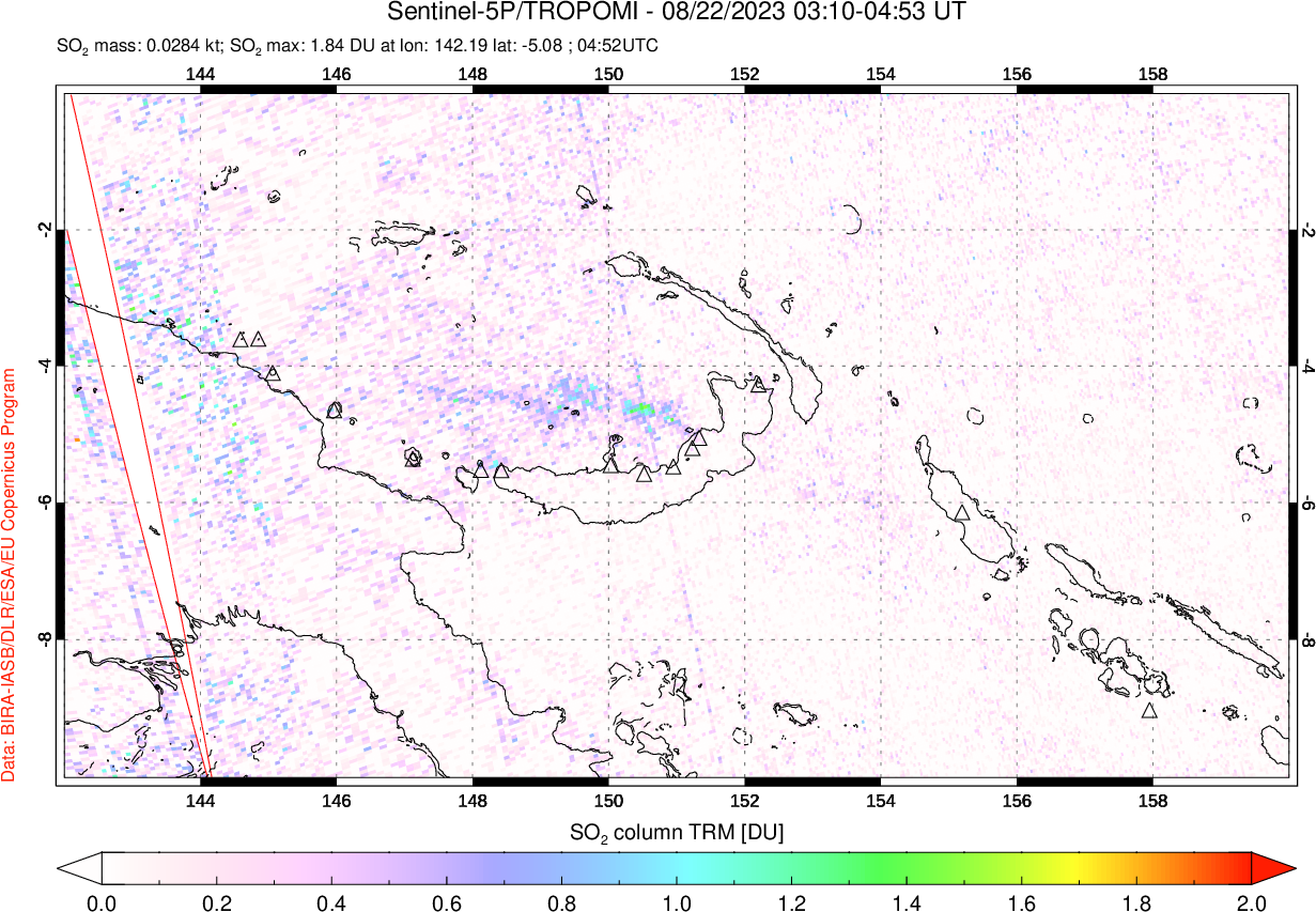 A sulfur dioxide image over Papua, New Guinea on Aug 22, 2023.