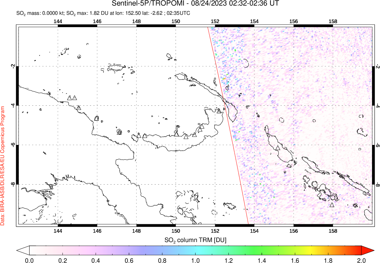 A sulfur dioxide image over Papua, New Guinea on Aug 24, 2023.