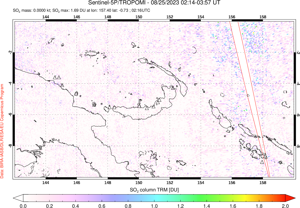 A sulfur dioxide image over Papua, New Guinea on Aug 25, 2023.