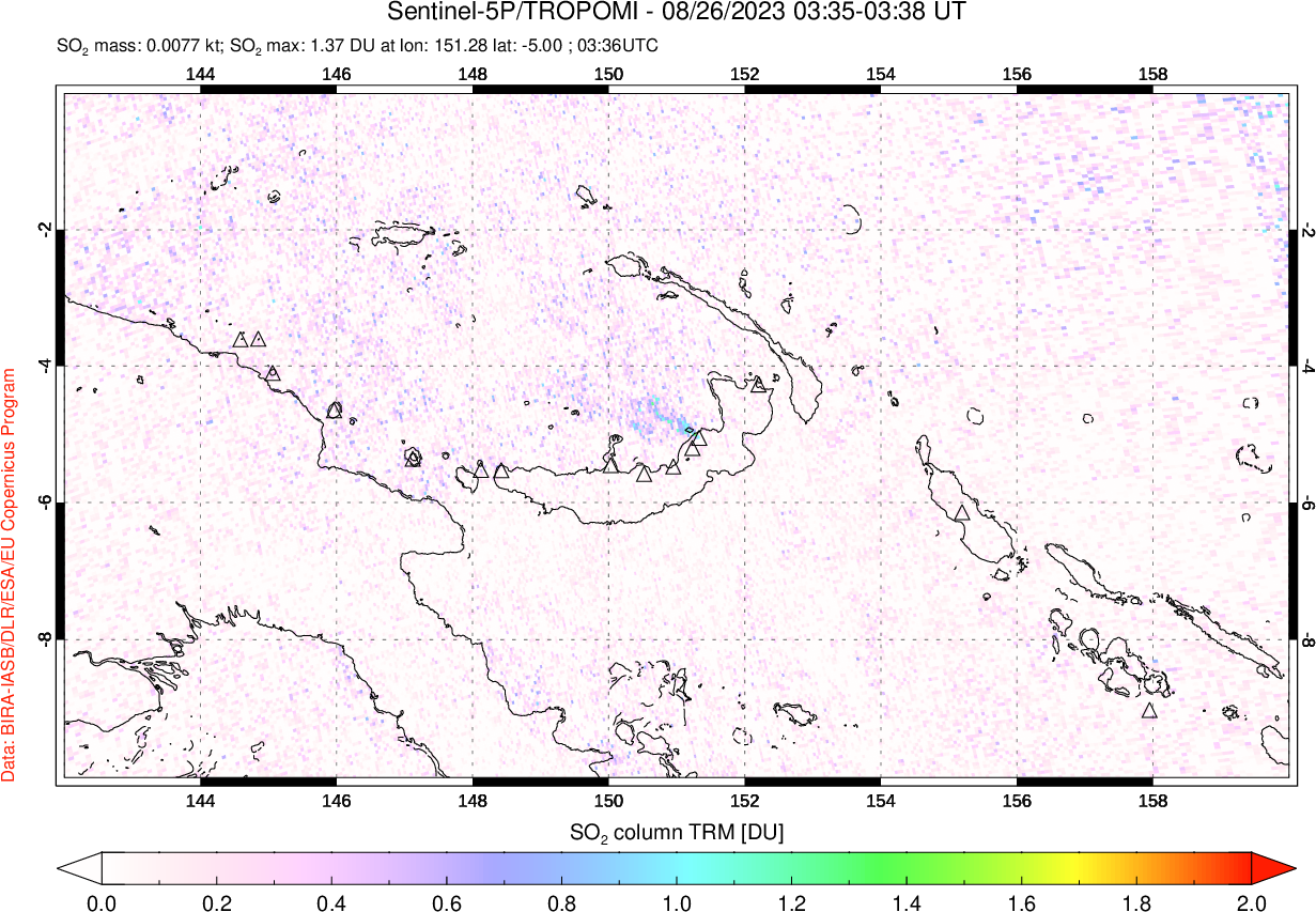A sulfur dioxide image over Papua, New Guinea on Aug 26, 2023.