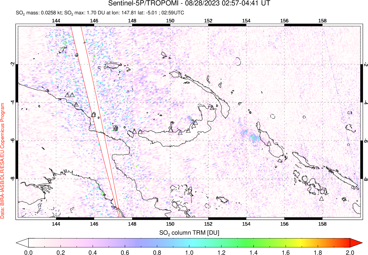 A sulfur dioxide image over Papua, New Guinea on Aug 28, 2023.