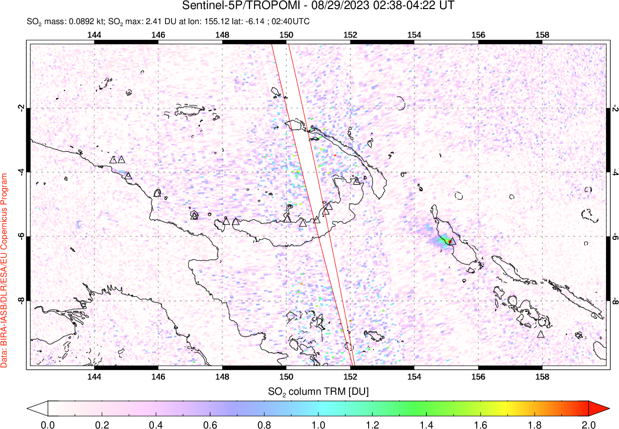 A sulfur dioxide image over Papua, New Guinea on Aug 29, 2023.