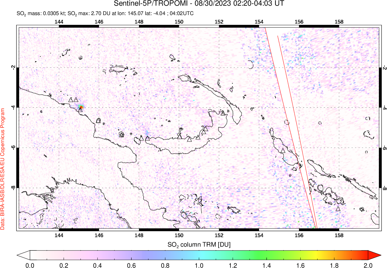 A sulfur dioxide image over Papua, New Guinea on Aug 30, 2023.
