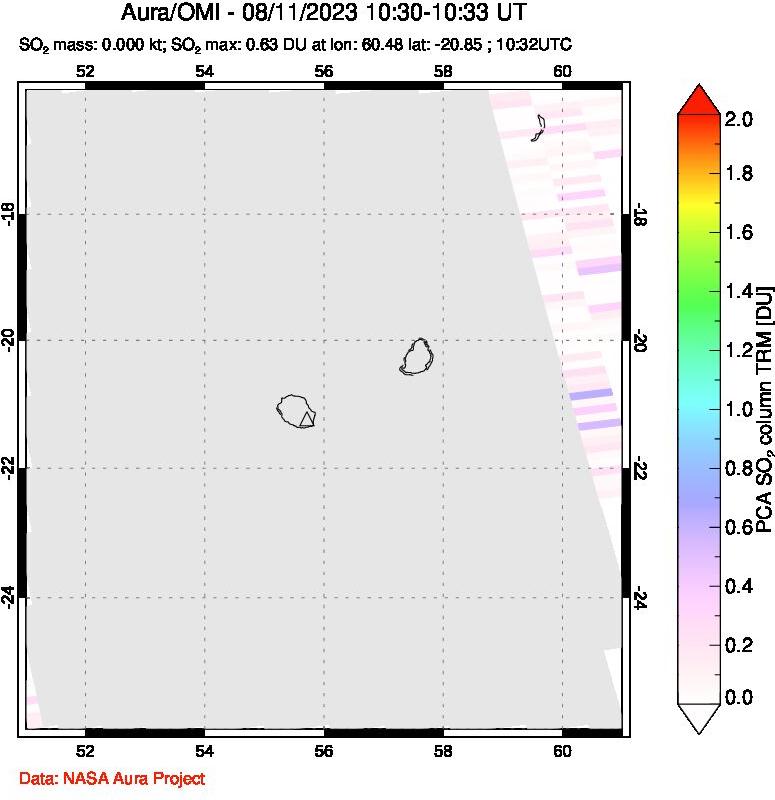 A sulfur dioxide image over Reunion Island, Indian Ocean on Aug 11, 2023.