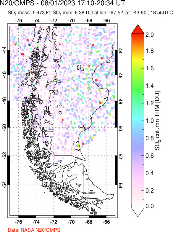 A sulfur dioxide image over Southern Chile on Aug 01, 2023.