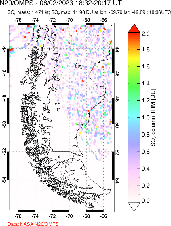 A sulfur dioxide image over Southern Chile on Aug 02, 2023.