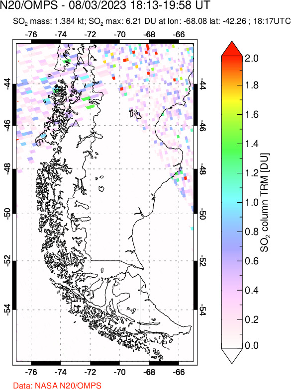 A sulfur dioxide image over Southern Chile on Aug 03, 2023.