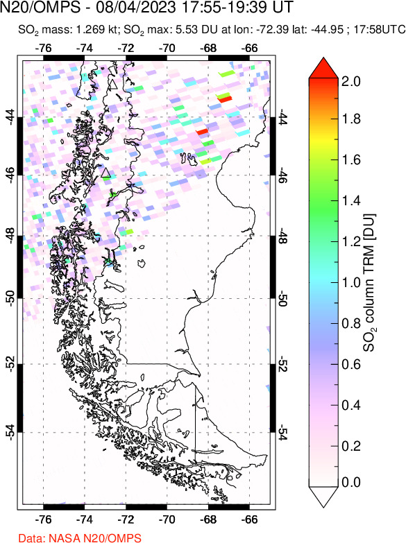 A sulfur dioxide image over Southern Chile on Aug 04, 2023.