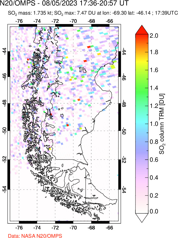 A sulfur dioxide image over Southern Chile on Aug 05, 2023.