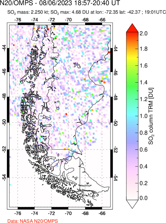 A sulfur dioxide image over Southern Chile on Aug 06, 2023.