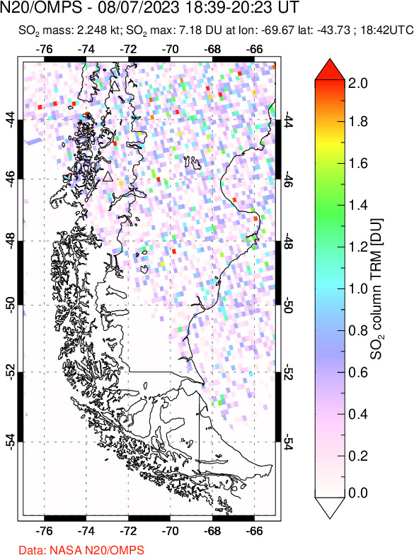 A sulfur dioxide image over Southern Chile on Aug 07, 2023.