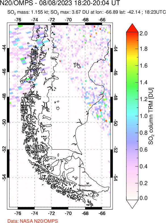 A sulfur dioxide image over Southern Chile on Aug 08, 2023.