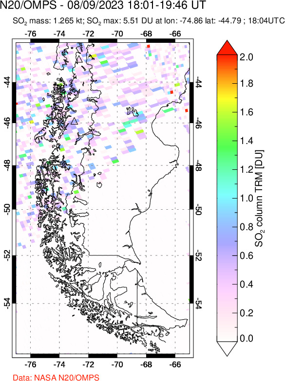 A sulfur dioxide image over Southern Chile on Aug 09, 2023.