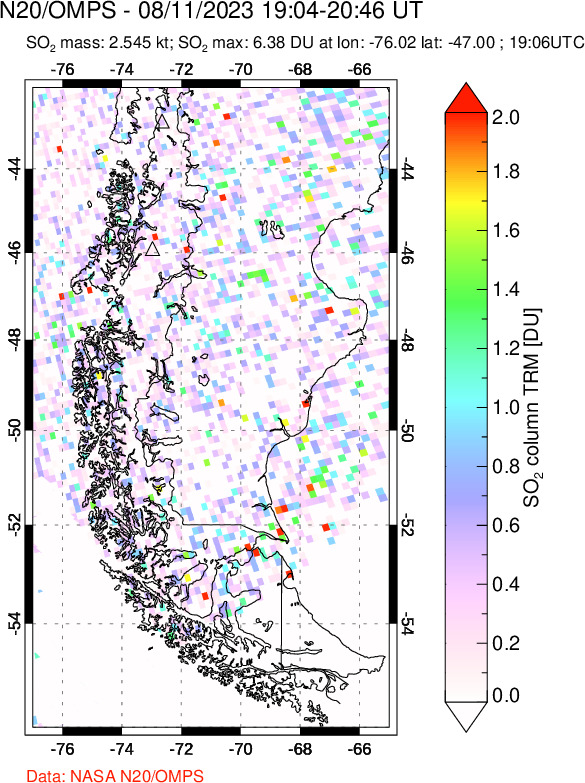 A sulfur dioxide image over Southern Chile on Aug 11, 2023.