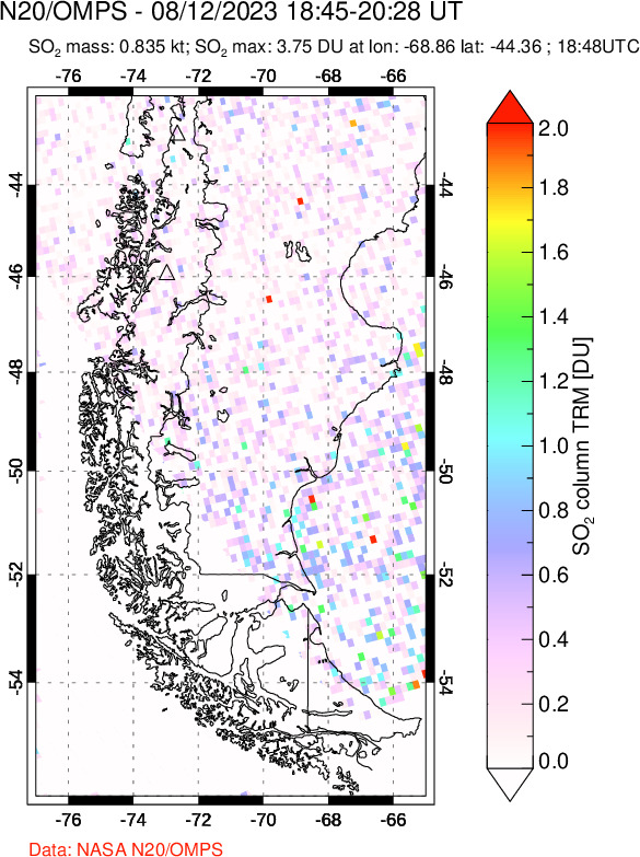 A sulfur dioxide image over Southern Chile on Aug 12, 2023.