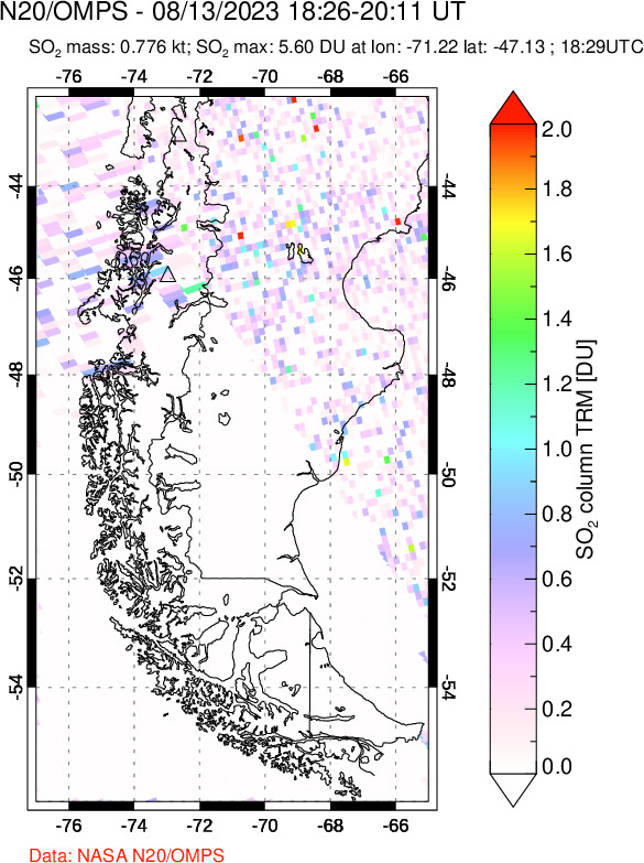 A sulfur dioxide image over Southern Chile on Aug 13, 2023.