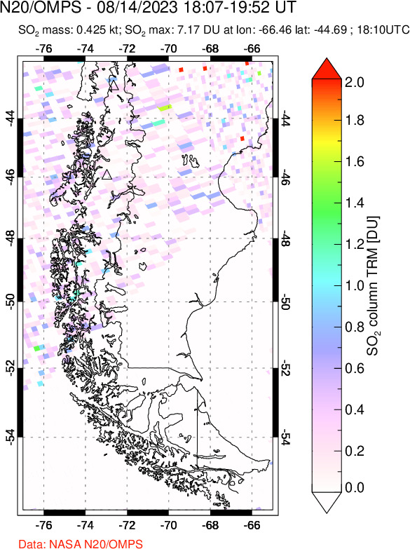 A sulfur dioxide image over Southern Chile on Aug 14, 2023.