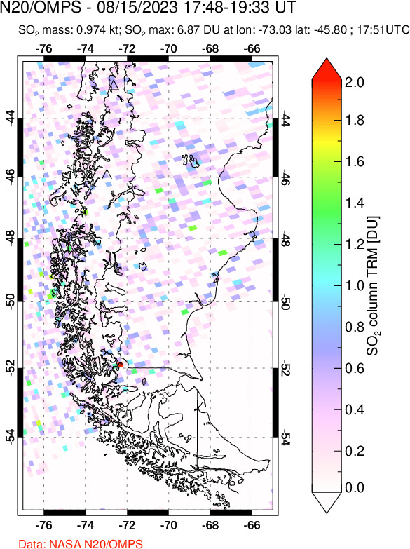 A sulfur dioxide image over Southern Chile on Aug 15, 2023.