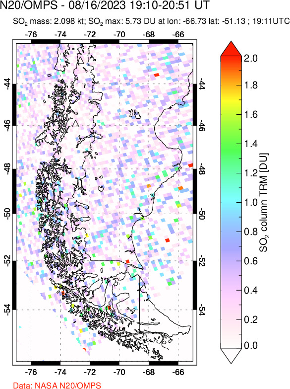 A sulfur dioxide image over Southern Chile on Aug 16, 2023.