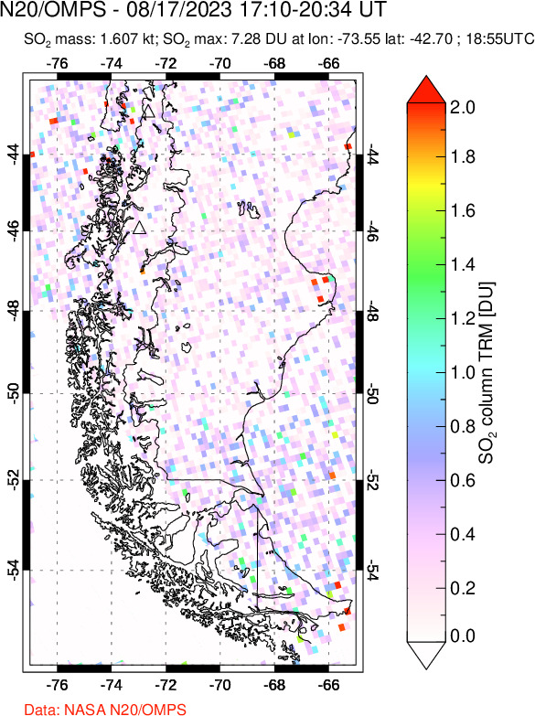 A sulfur dioxide image over Southern Chile on Aug 17, 2023.