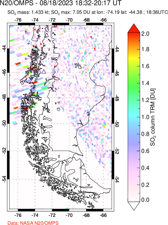 A sulfur dioxide image over Southern Chile on Aug 18, 2023.