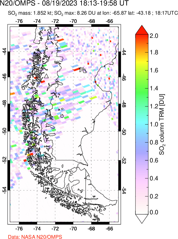 A sulfur dioxide image over Southern Chile on Aug 19, 2023.