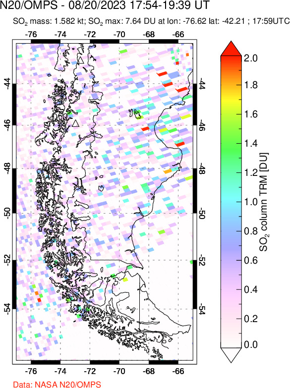 A sulfur dioxide image over Southern Chile on Aug 20, 2023.