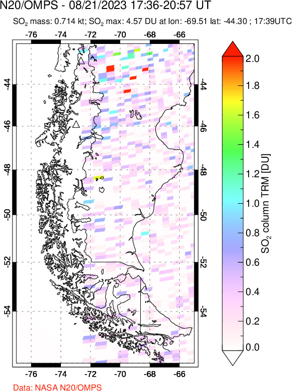 A sulfur dioxide image over Southern Chile on Aug 21, 2023.