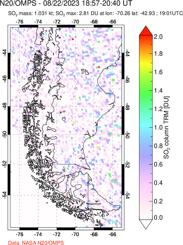 A sulfur dioxide image over Southern Chile on Aug 22, 2023.