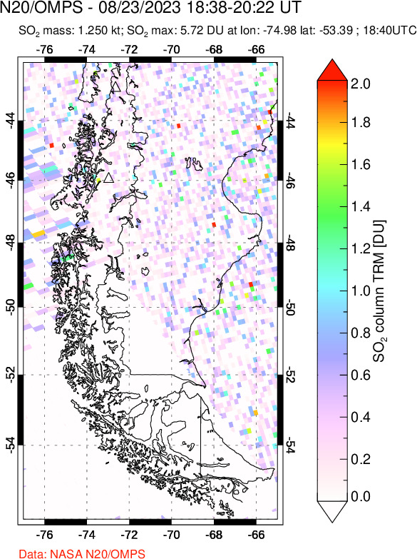 A sulfur dioxide image over Southern Chile on Aug 23, 2023.