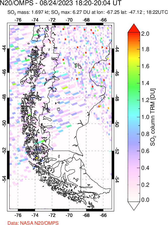 A sulfur dioxide image over Southern Chile on Aug 24, 2023.