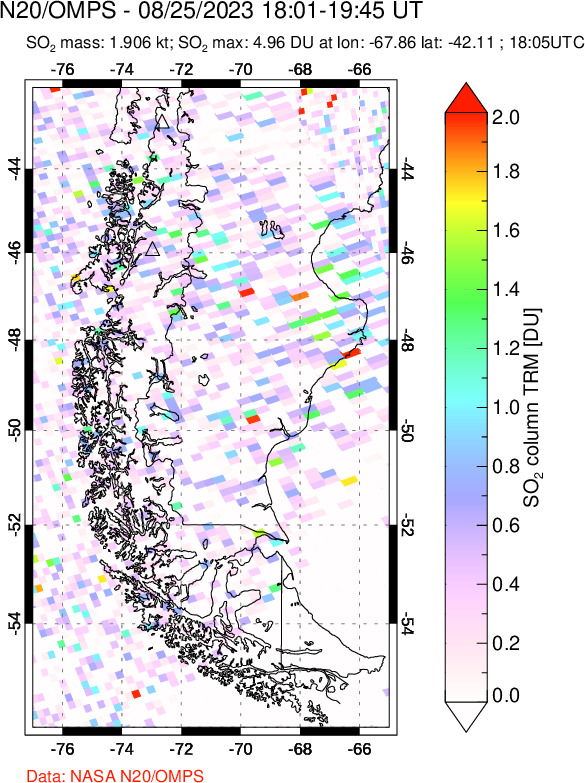 A sulfur dioxide image over Southern Chile on Aug 25, 2023.