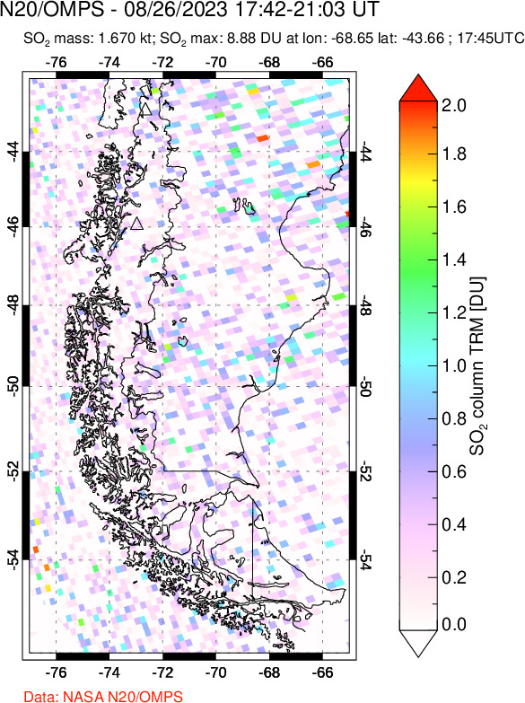 A sulfur dioxide image over Southern Chile on Aug 26, 2023.