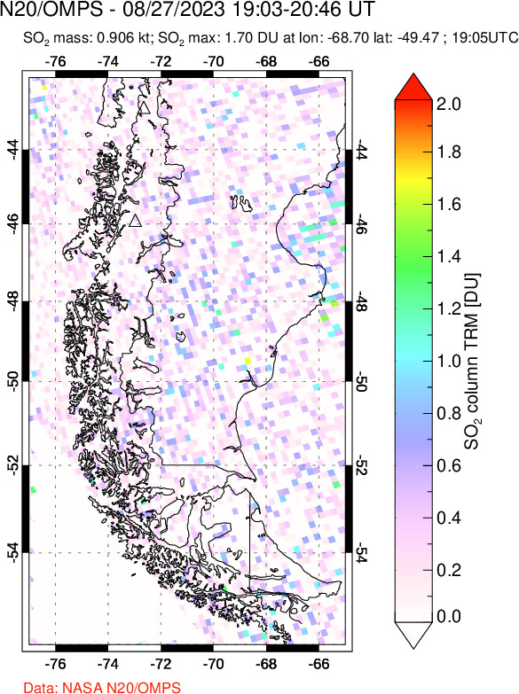 A sulfur dioxide image over Southern Chile on Aug 27, 2023.