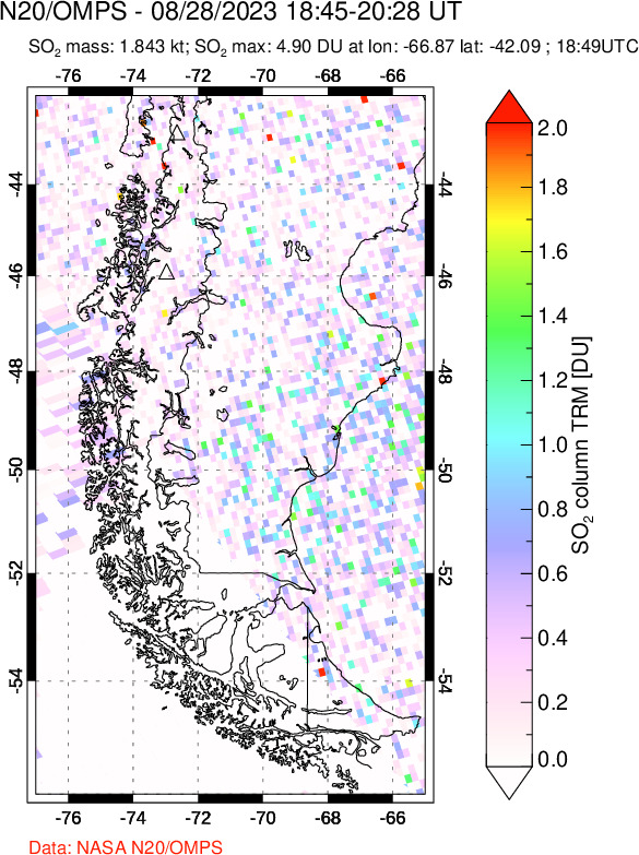 A sulfur dioxide image over Southern Chile on Aug 28, 2023.