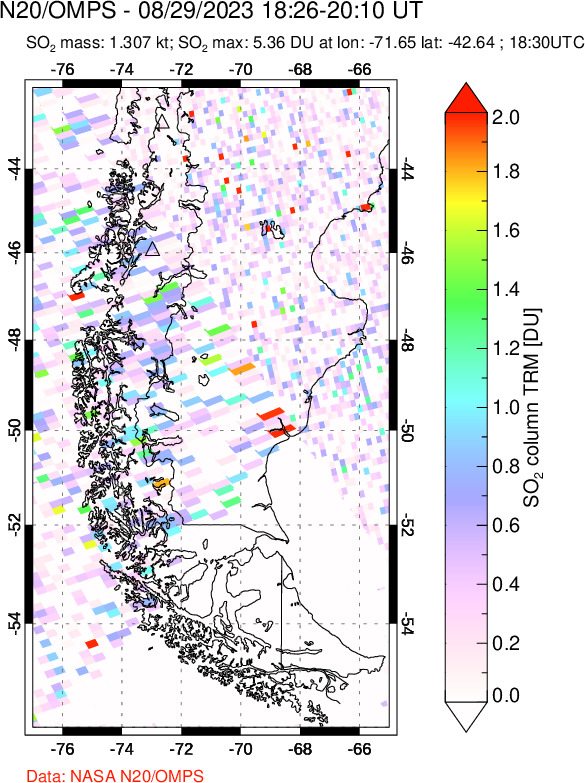 A sulfur dioxide image over Southern Chile on Aug 29, 2023.