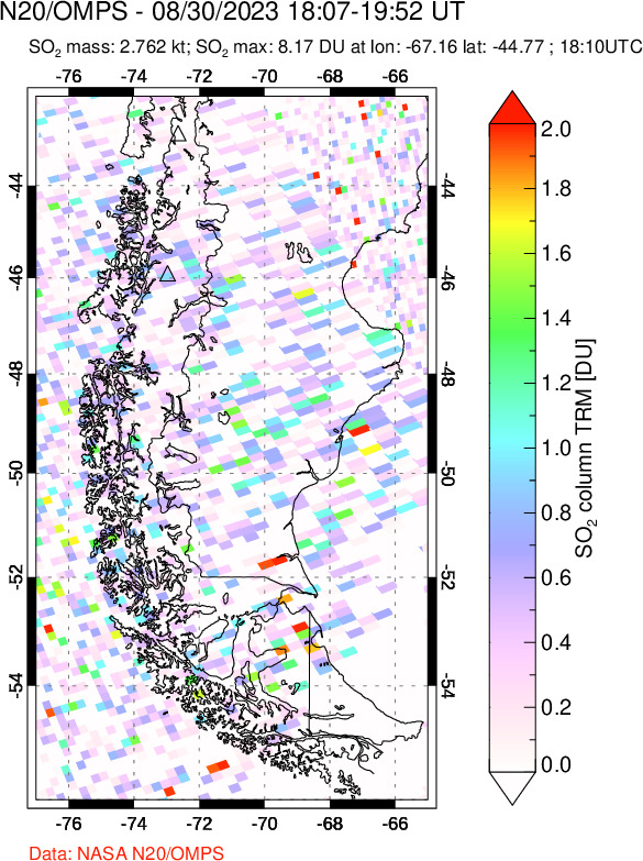 A sulfur dioxide image over Southern Chile on Aug 30, 2023.